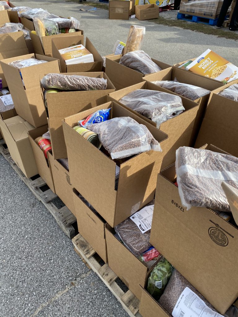 Pallets of boxed foods at NWFL Fairgrounds Food Distrubtion